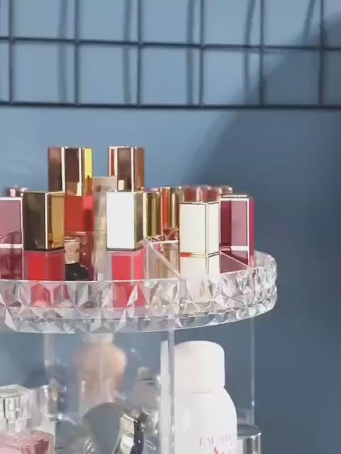 “Spin Your Beauty in Style! Organize all your cosmetics & jewelry in one gorgeous diamond-shaped 360° organizer.”