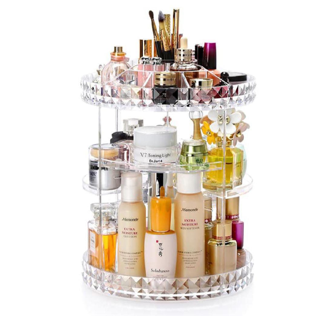 “Spin Your Beauty in Style! Organize all your cosmetics & jewelry in one gorgeous diamond-shaped 360° organizer.”