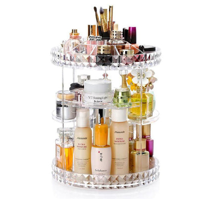 “Spin Your Beauty in Style! Organize all your cosmetics & jewelry in one gorgeous diamond-shaped 360° organizer.”